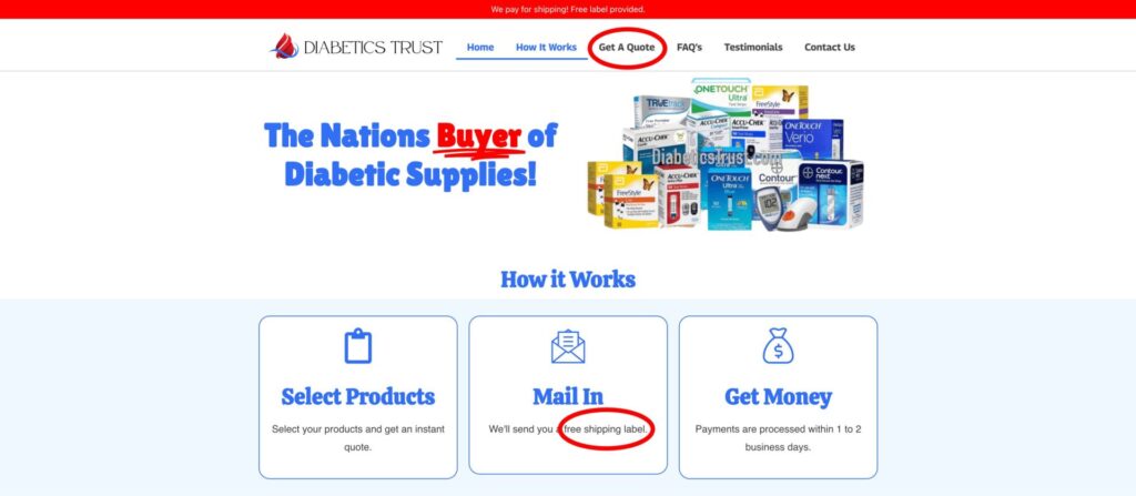 Diabetic supplies buyback program offering instant quotes, free shipping labels, and fast payments for test strips, CGMs, and insulin pump supplies.