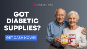 Happy senior couple holding diabetic test strip boxes with text overlay: "Got Diabetic Supplies? Get Cash Now!" — promoting Diabetics Trust’s buyback program.